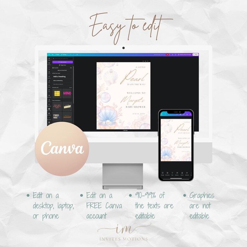 May include: A digital mockup of a baby shower invitation with a watercolor design of seashells and pearls. The invitation says "A Little Pearl is on the Way" and "Welcome to [Name]'s Baby Shower". The invitation is shown on a computer screen and a phone screen, both open in Canva.