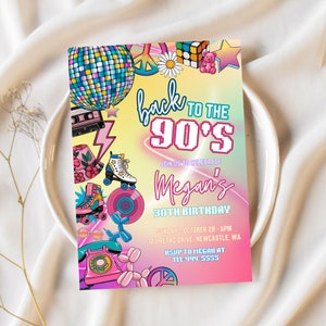 May include: A colourful invitation for a 30th birthday party with a 90s theme. The invitation features a rainbow background with a yellow centre and a variety of 90s icons, including a disco ball, roller skates, a peace sign, a boombox, a Rubik's Cube, and a teddy bear. The text on the invitation reads "Back to the 90s" and "Join us to celebrate Megan's 30th Birthday".