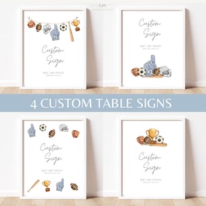 Può includere: Quattro cartelli rettangolari bianchi con illustrazioni sportive ad acquerello tra cui un guantone da baseball, un pallone da football, un casco, un dito in gommapiuma, un pallone da calcio, una mazza e un trofeo. Testo Custom Sign e 8x10.