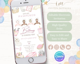 Editable Spa Birthday Digital Invitation for Pamper Party Evite Birthday Spa Party Themed Mobile Phone Invitation GSP1