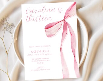 Pink Coquette Birthday Invitation: Elegant Bow, Editable Invite