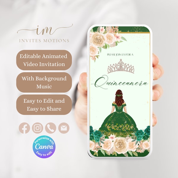 Emerald Green Quinceanera Video Invitation Emerald Floral Evite for Quinceanera Birthday Party Text Message Invite Template GQP1