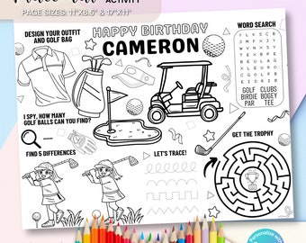 Golf Birthday Coloring Placemat Party Games Children Activity Par Tee Placemats Color Sheet Golf Cart Party Printable Golf Table Mat