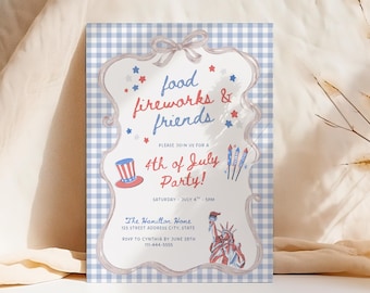 4.Juli Einladungsvorlage, Patriotischer 4. Juli Karo-Einladung, Food Feuerwerk und Friends Party
