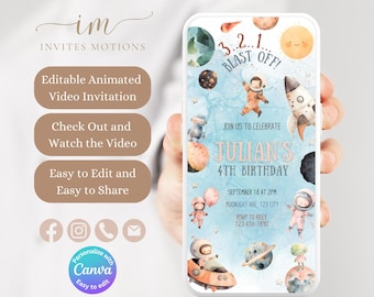 Outer Space Birthday Invitation, Astronaut Party Animated Invitation, Outerspace Party Video Invite, Planets Solar System Invitation