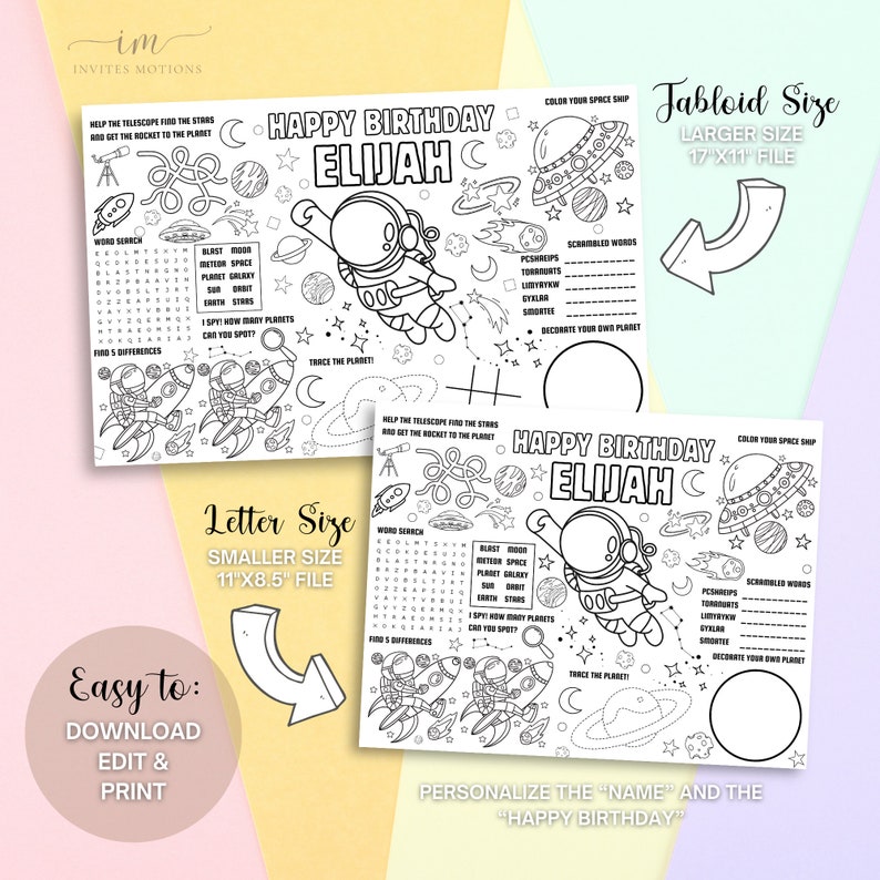 May include: Black and white printable coloring page featuring an astronaut, rockets, planets, and stars. The page includes a word search, a find the differences game, and a space-themed maze. The text "Happy Birthday Elijah" is at the top of the page. The page is available in two sizes: letter size (11 x 8.5 inches) and tabloid size (17 x 11 inches).