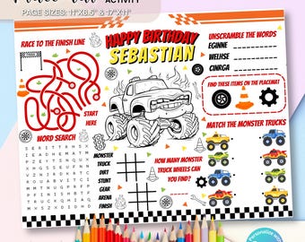 Monster Truck Coloring Page Placemat, Monster Truck Party Mat, Editable Monster Car Coloring Sheet, Birthday Printable Party Placemats