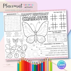 Butterfly Coloring Placemat Party Children Activity Butterfly Birthday Party Placemats Color Sheet Butterflies Party Printable Page