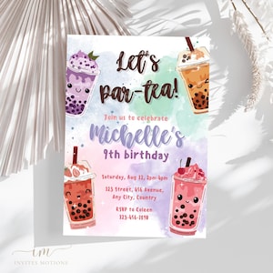 May include: A colorful invitation for a 9th birthday party with a bubble tea theme. The invitation features the text "Let's par-tea!" and "Michelle's 9th birthday". It also includes details about the party date, time, location, and RSVP information.