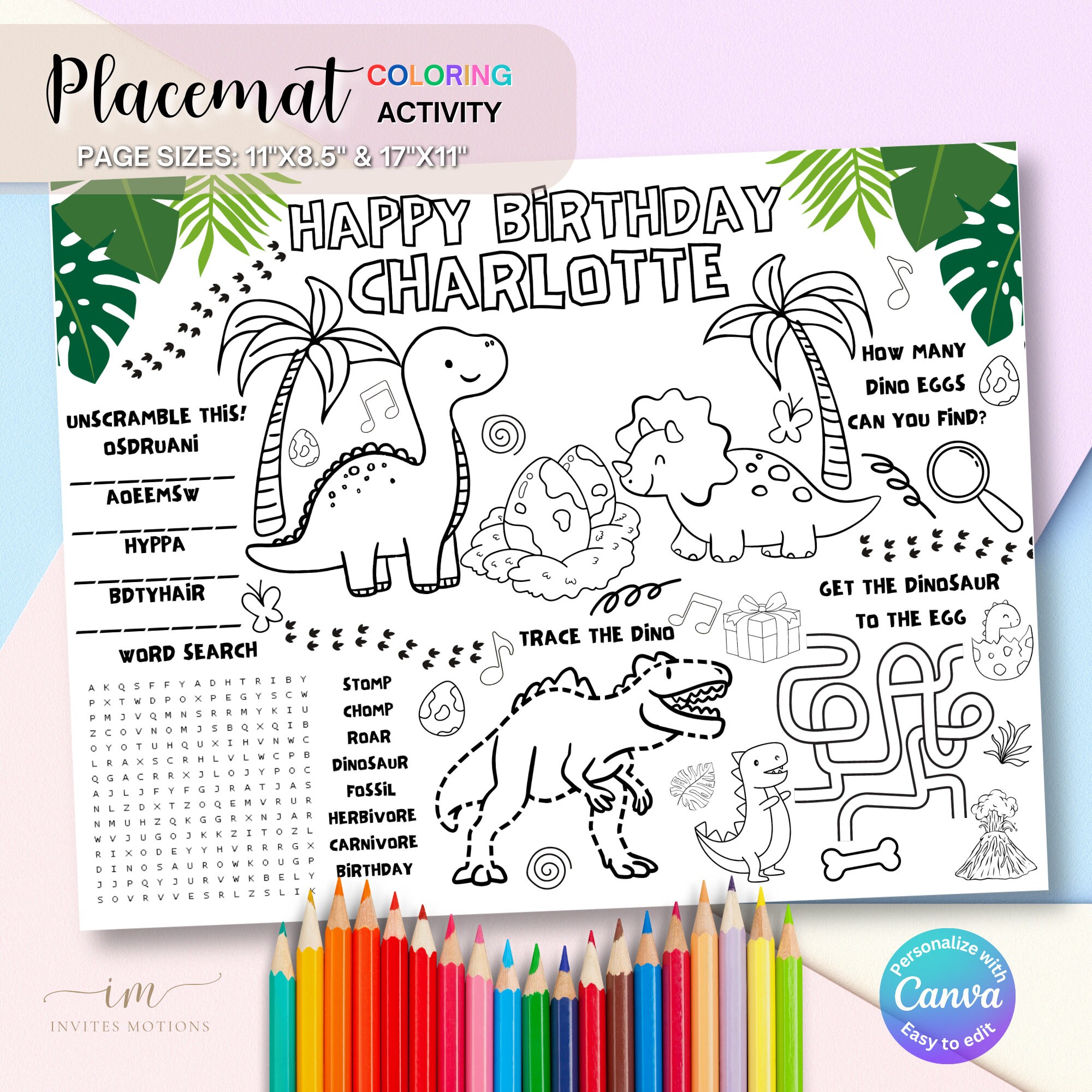 Dinosaur Birthday Coloring Placemat Party Children Activity Dinosaur ...