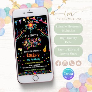 Puede incluir: Una invitación digital para una fiesta de cumpleaños infantil. La invitación está diseñada con un tema de fiesta colorido y presenta el texto "¡Es hora de Fiesta!" y "Únete a nosotros para celebrar el octavo cumpleaños de Carlo".
