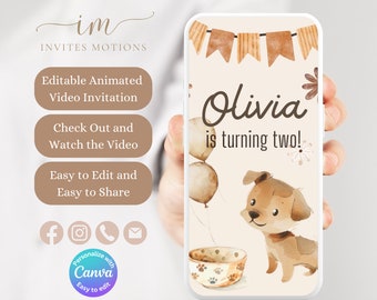 Puppy Birthday Video Invitation Editable Cute Dogs Birthday Text Message Evite SMS Dog Lover Theme Party Invitation Pet Cafe Party