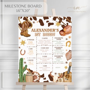 Plantilla editable para póster de hito del primer cumpleaños de un vaquero, hito de una fiesta de rodeo, estadísticas del primer cumpleaños del salvaje oeste, tablero del primer cumpleaños de un vaquero