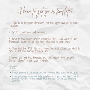 May include: A white background with a text overlay explaining how to download a template from Etsy. The text includes instructions on how to access the Downloads page, download a PDF file, and use a Canva account to edit the template.