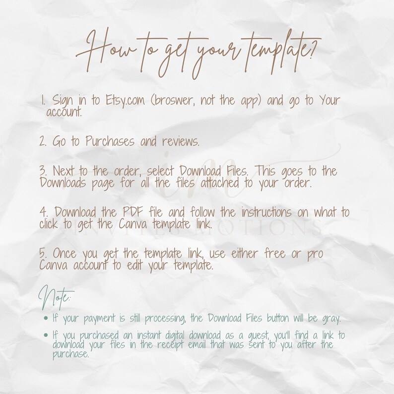 May include: A white background with a text overlay explaining how to download a template from Etsy. The text includes instructions on how to access the Downloads page, download a PDF file, and use a Canva account to edit the template.