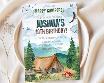 May include: A camping-themed birthday invitation for Joshua's 10th birthday. The invitation features a watercolor illustration of a tent, a campfire, and trees. The text on the invitation reads "Calling all Happy Campers! Join us as we celebrate Joshua's 10th Birthday!"  The invitation also includes the date, time, and location of the party.