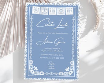 Blue Cielito Lindo Baby Shower Invitation, Editable Blue Mexican Talavera Baby Shower Party Invite, Papel Picado Baby Shower Invitation
