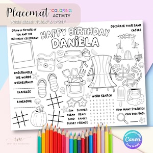 Beach Coloring Placemat, Summer Coloring Sheet, Pool Birthday Placemat, Pool Coloring Placemat, Beach Birthday Coloring Page
