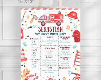 Puede incluir: Un tablero de hitos rojo y blanco para una fiesta de primer cumpleaños con temática de bomberos. El tablero incluye el nombre del niño, Sebastian, y detalles sobre su primer año, como su peso, altura, comidas favoritas, canciones y juguetes. El tablero está decorado con ilustraciones de acuarela de camiones de bomberos, bocas de incendios y otras imágenes con temática de bomberos.