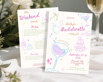 Bachelorette Einladung Reiseplan, Braut handgezeichnete Bachelorette Wochenend-Event-Party, bunte handgeschriebene Bachelorette einladen