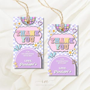 May include: Two purple and pink thank you tags with a disco ball, flowers, and stars. The text reads "Thank You" in a retro font. The tags are for celebrating with Penelope.