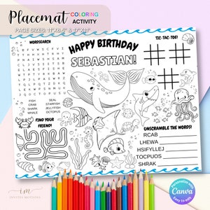 May include: A white coloring placemat with a sea life theme, featuring a whale, shark, and other sea creatures. Includes word search, maze, and tic-tac-toe games. Page sizes are 11"x8.5" and 17"x11". The text reads "Happy Birthday Sebastian!"
