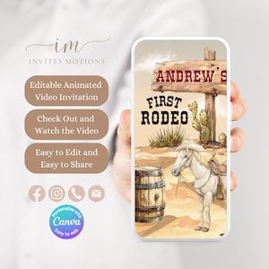 Invito video di compleanno rodeo Messaggio di testo modificabile del selvaggio West Evite SMS Modello di invito animato per bambini a tema Southwestern Cowboy Ranch
