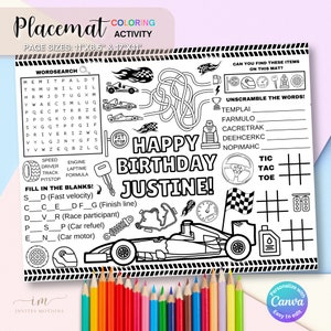 レースカー 誕生日 ぬり絵 プレースマット パーティー ゲーム 子供 アクティビティ ファースト ワン プレースマット カラーシート レーシングカー パーティー 印刷可能 スポーツカー ページ