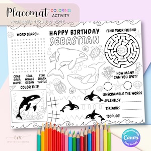 Mantel individual para colorear de orca, actividad para niños, hoja para colorear de manteles individuales para fiesta de cumpleaños de orca, página imprimible para fiesta de orca bajo el mar