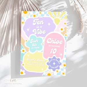 Retro Birthday Invitation, Pastel Retro Birthday Party Invitation, Tenth Birthday Groovy Invitation, Ten is a Vibe Birthday Party Invitation