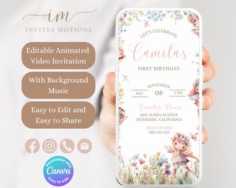 Invitación de cumpleaños editable de hadas, invitación de fiesta de cumpleaños de hadas del jardín, invitación animada de hadas de flores silvestres caprichosas