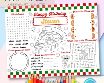 Mantel individual para colorear de fiesta de pizza, mantel para fiesta de pizza, hoja para colorear editable de fiesta de pizza, manteles individuales para fiesta de cumpleaños imprimibles