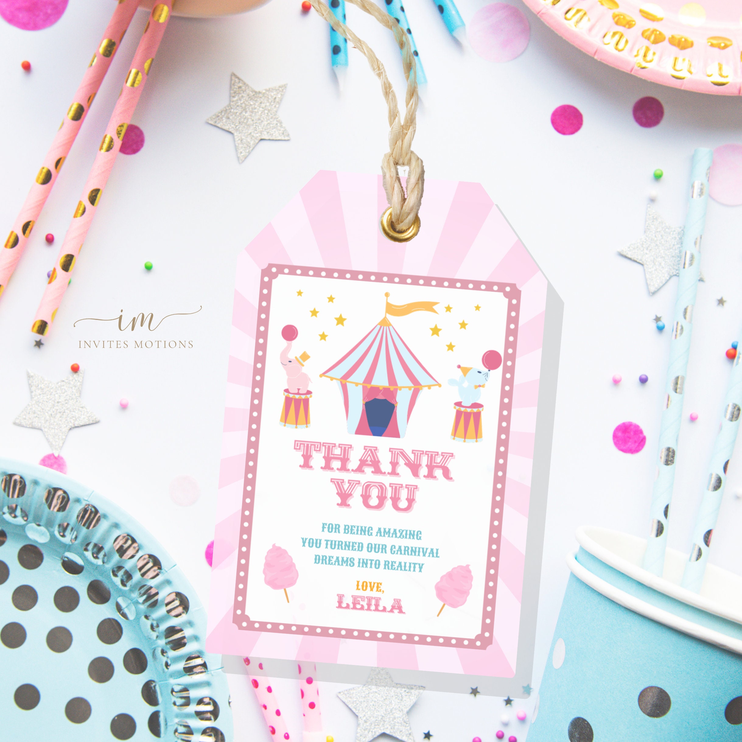 Invitation Tag Roop Editable Carnival Party Favor Tag for Circus Birthday Party Thank You ...
