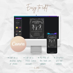 May include: A computer monitor and smartphone displaying a Halloween party invitation. The invitation features skeleton figures and spiderwebs. The text "Easy to edit" and "Canva" are also visible. The design is editable on a desktop, laptop, or phone.