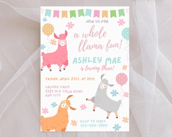 Editable Llama Birthday Party Invitation: Canva Template (Digital Download)