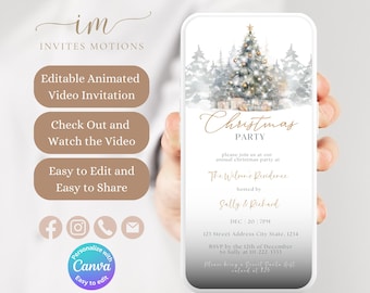 Może przedstawiać: Cyfrowe zaproszenie na świąteczne przyjęcie z widokiem zasypanego śniegiem lasu i ozdobioną choinką. Tekst głosi "Christmas Party" i zawiera datę, godzinę i miejsce wydarzenia. Zaproszenie organizują Sally & Richard w The Wilson's Residence.