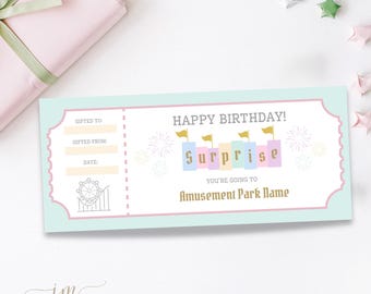 Vale de regalo para parque de atracciones, plantilla de cupón editable para parque temático, certificado de regalo sorpresa para parque de atracciones imprimible