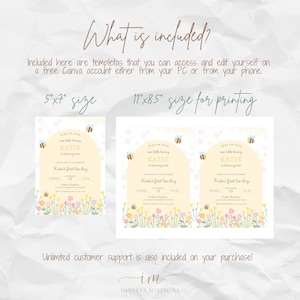 May include: A printable invitation for a first birthday party with a bee theme. The invitation features a yellow and white background with a beehive and bees. The text on the invitation reads "Buzz on over our little honey Katie is turning one. Katie's first bee day".