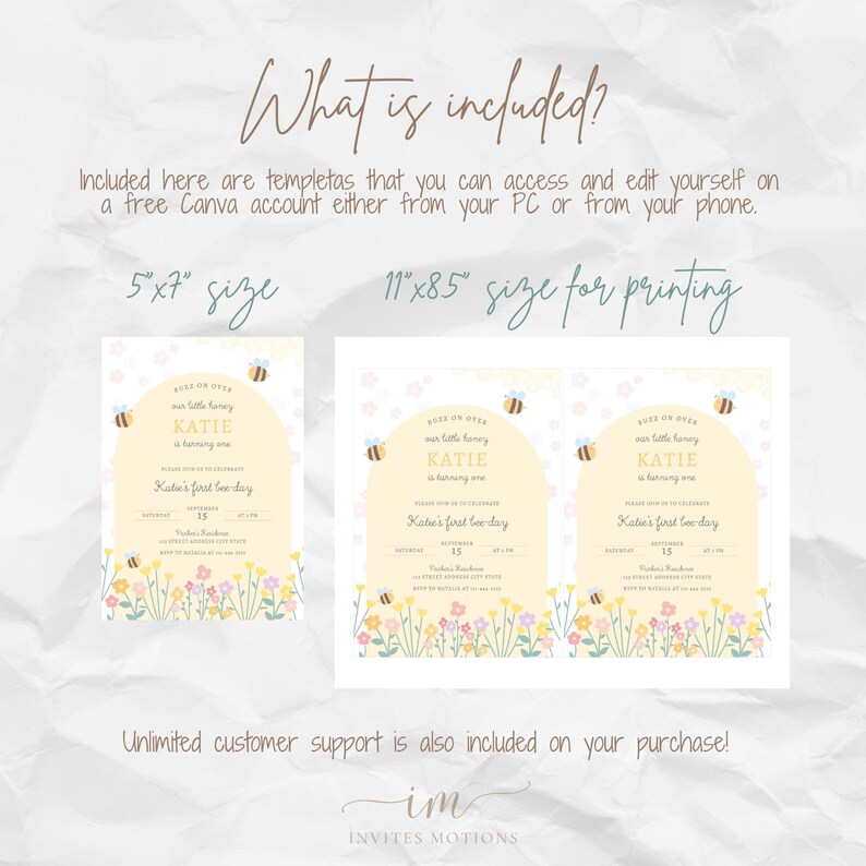 May include: A printable invitation for a first birthday party with a bee theme. The invitation features a yellow and white background with a beehive and bees. The text on the invitation reads "Buzz on over our little honey Katie is turning one. Katie's first bee day".