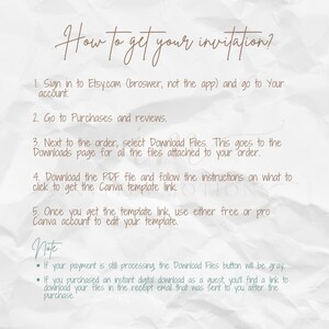 May include: A beige digital download instruction sheet with the title "How to get your invitation?" in elegant script. The text provides step-by-step instructions for accessing a Canva template, including Etsy login and download instructions.