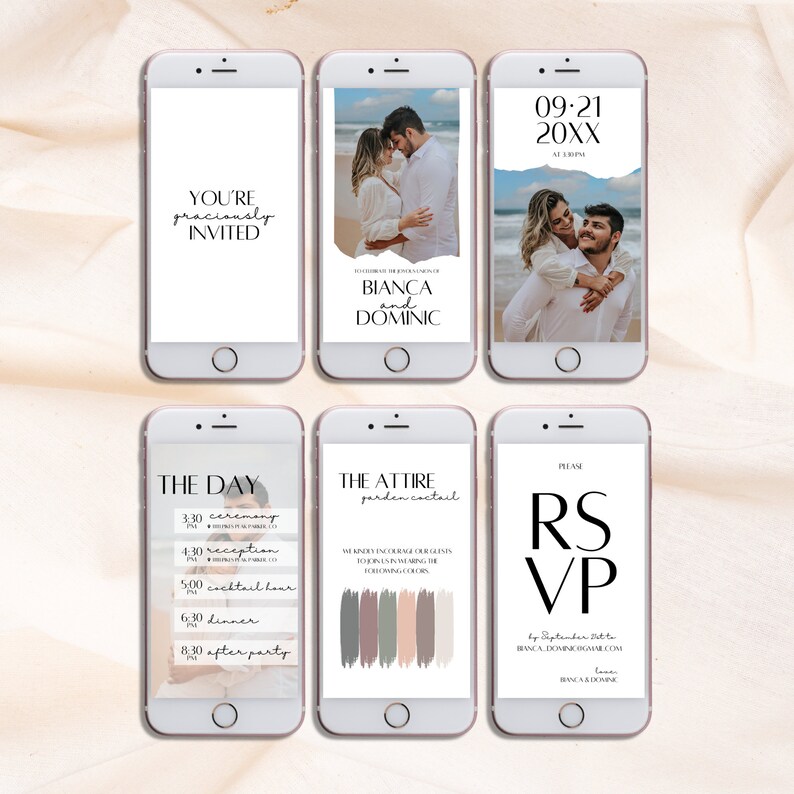 Puede incluir: Anuncio de invitaci&oacute;n de boda para Bianca y Dominic. La invitaci&oacute;n incluye la fecha, la hora y el lugar de la ceremonia, la recepci&oacute;n, la hora del c&oacute;ctel, la cena y la fiesta posterior. Tambi&eacute;n incluye el c&oacute;digo de vestimenta, que es c&oacute;ctel de jard&iacute;n.