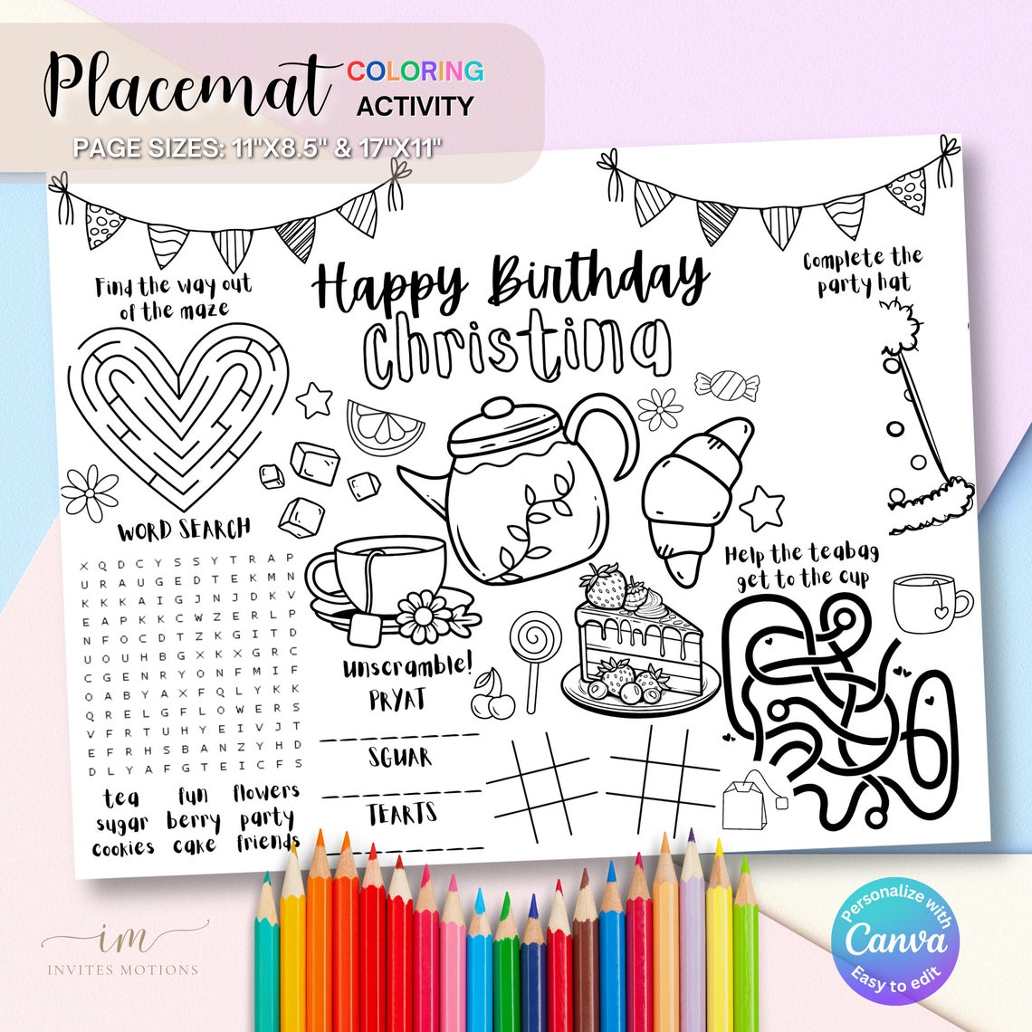 Tea Party Birthday Coloring Placemat Party Games Children Activity Tea ...