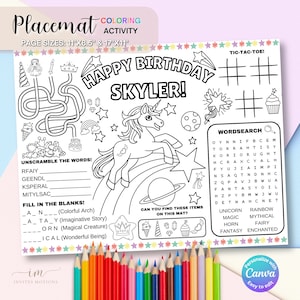 Unicorn Birthday Coloring Placemat Party Games Children Activity Unicorn Placemats Color Sheet Unicorn Party Printable Unicorns Table Mat