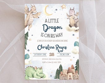 May include: A baby shower invitation with a blue and white watercolor background featuring a cute dragon illustration. The text reads "A Little Dragon Is On His Way" and includes the name "Christine Reyes", the date "Saturday, June 28", and the time "From 2-5PM".