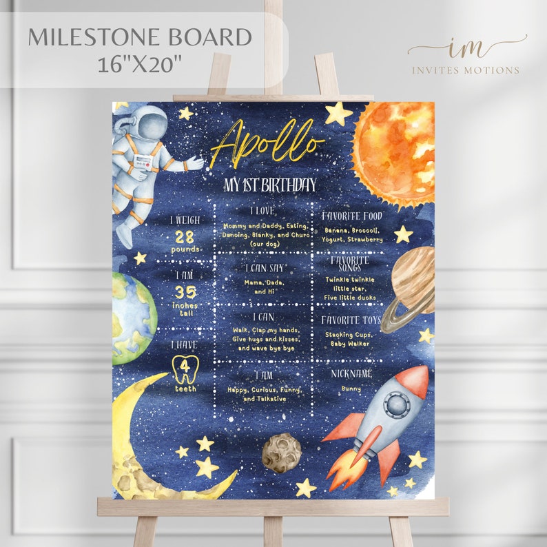 Outer Space First Birthday Milestone Poster Template Astronaut Party ...