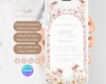 Fairy eerste verjaardagsuitnodiging, wilde bloementuin feeën geanimeerde verjaardagsfeestje uitnodigen, grillige feeën video-uitnodiging