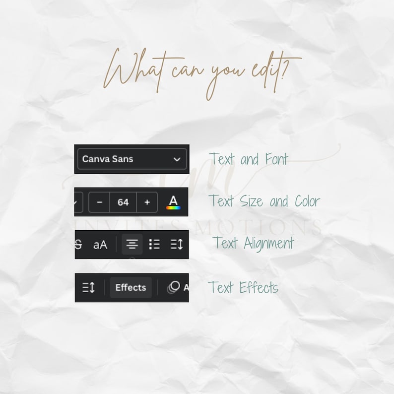May include: A screenshot of a text editing tool showing the options to edit text and font, text size and color, text alignment, and text effects. The text "What can you edit?" is written in cursive at the top of the image.
