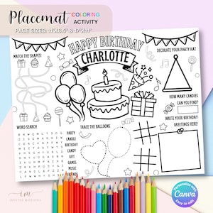 Puede incluir: Un mantel individual imprimible en blanco y negro con temática de cumpleaños. Presenta un pastel de cumpleaños, globos, un sombrero de fiesta y un rompecabezas de búsqueda de palabras. El texto "Feliz cumpleaños Charlotte" está en la parte superior del mantel individual.