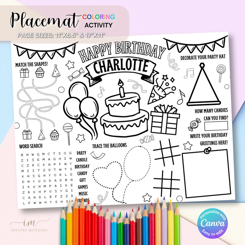 Birthday Cake Coloring Placemat Party Games Children Activity Birthday ...