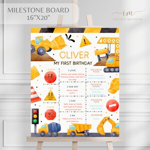Editable Construction First Birthday Milestone Poster Template, Excavator Party Milestone, Construction Birthday Milestone Board Poster